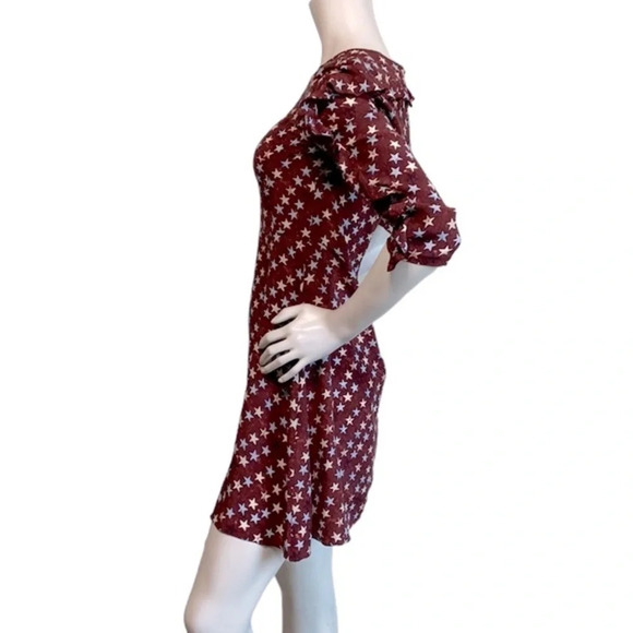 Sandro Burgundy Star Print 100% Silk Round Neck Ruffle Mini Dress Size 1=S US - Picture 5 of 13